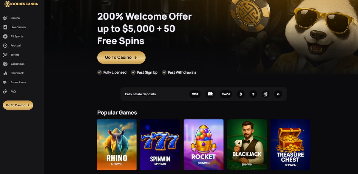 Golden Panda ist ein dynamischer Newcomer mit starkem 200-%-Krypto-Bonus, schnellem Cashback ohne Umsatzbedingungen und moderner Zahlungsabwicklung inklusive Apple Pay. Die Plattform richtet sich an Spieler, die hohe Boni, schnelle Auszahlungen und eine große Spielauswahl kombinieren möchten.