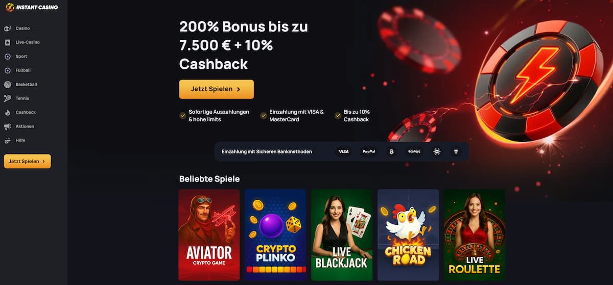 Instant Casino setzt kompromisslos auf Geschwindigkeit und gehört zu den schnellsten Bitcoin Casinos am Markt. Mit extrem schnellen Krypto-Auszahlungen, klarem Design und Cashback ohne Umsatzbedingungen ist es ideal für Spieler, die Effizienz und direkte Wallet-Transaktionen bevorzugen.